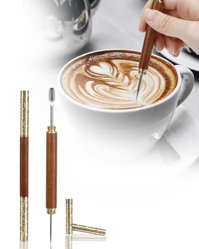 PROKITCHEN 1PCS Latte Art Pen with Rosewood Handle, 304 Stainless Steel Coffee Needle & Mini Sculpting Spoon, Vintage Brass Cap, Latte Pen for Coffee Foam Etching, Coffee Bar Accessory