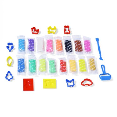 Image of Kores Play Dough - 400 g (16 Shades) | Non-Toxic Soft Modelling Clay with 8 Moulds, 2 Impression Moulds, 1 Cutter & 1 Roller |Creative Art Set for Kids | Fun Learning & Sensory Play Bucket