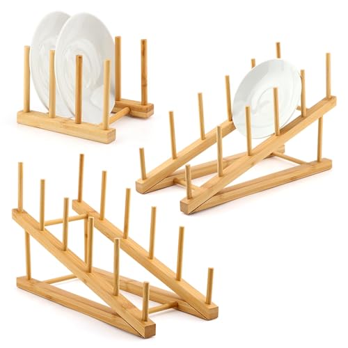 Trenqular 3pcs Wooden Dish Rack Plate Stands for Display Wood Plate Holders Bamboo Dish Drying Rack Stand Kitchen Cabinet Organizer(Color:Wood)