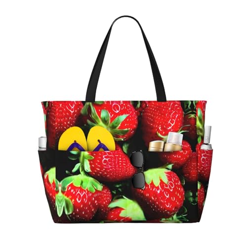 Sac à bandoulière imperméable fraise noir, grand fourre-tout de plage d'été pour voyage