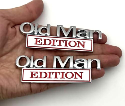 Image of 2pcs Metal Old Man Edition Emblem 3D Badge Fit for Universal Car Truck SUV Side Rear Front Hood Trunk Door Decal Sticker (Silver Red)