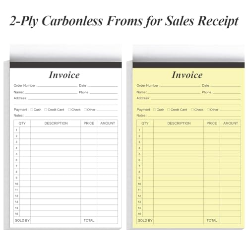 (5-Pack) Invoice Receipt Book with Cardboard 2-Part Carbonless, 5.5\" x 8.5\" Order Forms, 250 Sheets Carbonless Sales Invoice Book for Small Business