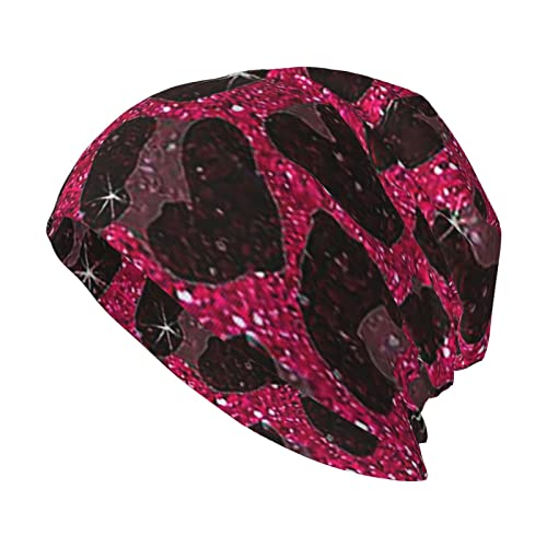 Pink Glitter Leopard Cute Knit Beanie Hats For Women Girls Girly Thin Slouchy Skull Cap Warm Headwear Lightweight Designs Cycling Sleep Sports Winter Summer #TOP1