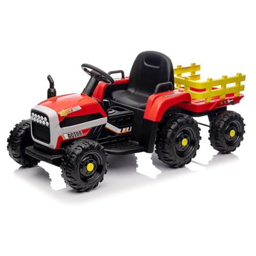 12V 3-Gang Traktor mit abnehmbarem Anhänger und 2,4G Fernbedienung, Kinder Aufsitztraktor mit LED Lichtern, Musik, Hupe & USB Funktionen, geeignet für Kinder ab 3 Jahren (Rot)