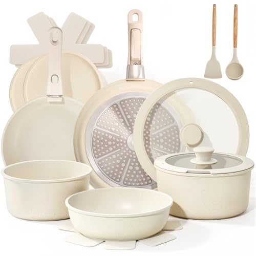 Warmiehomy 17-Piece Pots and Pans Set - Non-Stick Induction Cookware with Removable Handle in Cream White