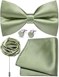 Ailisus Mens Sage Green Bow Tie and Pocket Square Cufflinks Lapel Pin Set Silk Pre-tied Bowtie Adjustable Wedding Party Business