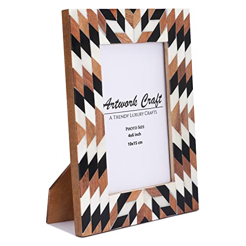Artwork Craft Bone Picture Photo Frame Aztec Chevron Herringbone Art Inspired Vintage Table-Top/Wall Décor Boho Frames (6X4 Inches, Black, White, Wood) #TOP4