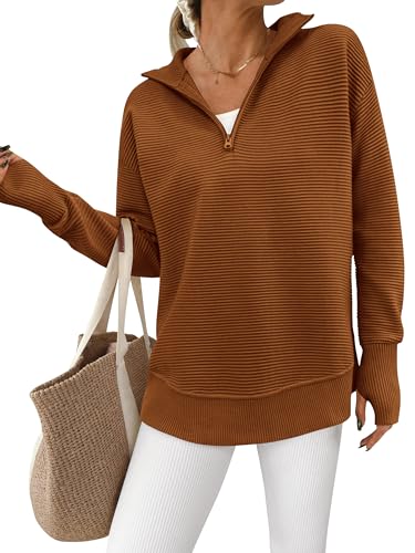 PRETTYGARDEN Womens Long Sleeve Quarter Zip Pullover Sweater Casual Loose V Neck Collared Ribbed Knit Jumper Tops Thumb Hole(Caramel,Small)