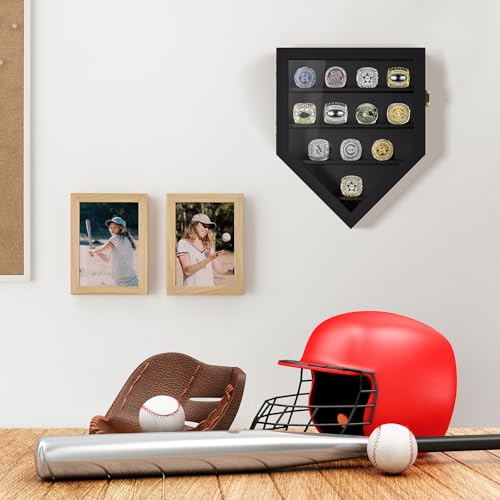 Image of TJ.MOREE 12 Rings Championship Ring Display Case Wall Mount Wooden | Shadow Box with Locks to Show Sport, Class, Fraternity, and Award Rings, Black