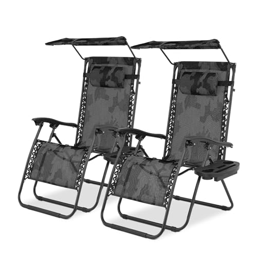 Magshion Zero Gravity Lounge Chairs with Canopy Set of 2 Outdoor Foldable Patio Reclining Chair Adjustable Anti-Gravity Recliners with Headrest Folding Lounger for Lawn Camping Beach Camouflage