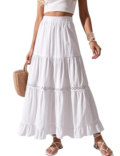 Zelroxa White Cotton Maxi Skirt Boho Long Flowy Lace Crochet Summer A Line Tiered High Waisted Pleated Beach Vacation Linen Skirts with Lining 2026 Trendy Clothes Outfits