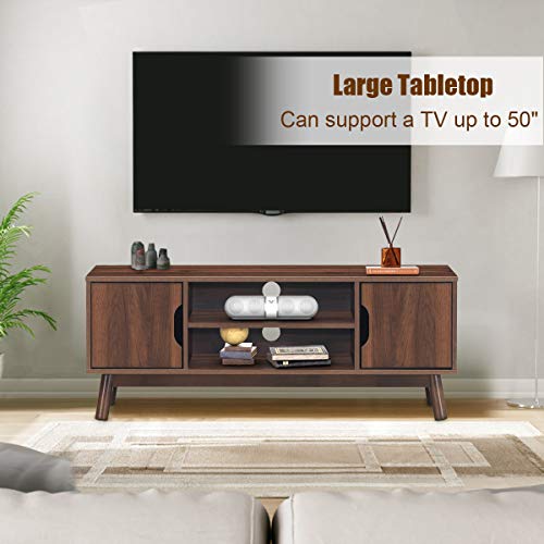 Tangkula Modern Wooden Universal Tv Stand For Tv's Up To 55" Flat Screen, Boho Style Media Console With 2 Cabinets & 2 Open Storage Shelves, Mid Century Tv Console Table For Home Living Room (Walnut) #TOP6