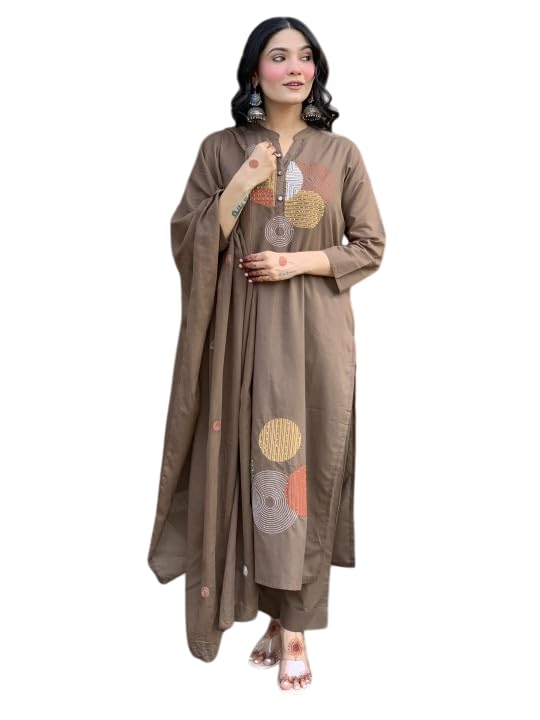 Image of Mehraj Online Store Women's Cotton Embroidery Straight Kurti Pant With Dupatta Set