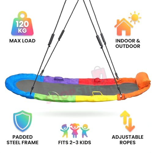 Image of Shopster Surf Hanging Swing Hammock - Kids Indoor /Outdoor Giant Oval Platform Swing Mat - Adjustable Length Ropes, Great for Tree, Swing Set, Backyard, Playground, Playroom
