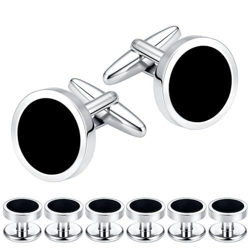 Image of Men's Black Onyx Cufflink & Tuxedo Shirt Stud Set, 16mm Rhodium-Plated Brass, Elegant Gift Box
