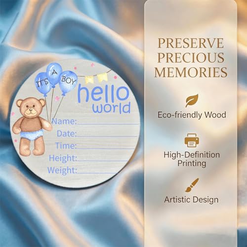 Image of Birth Announcement Sign Hello World Baby Name Wood Blue Bear Theme | Round Wood Plaque with Blue Bear Design, Custom Name Date Weight Length Great for Nursery Wall Baby Shower Gifts