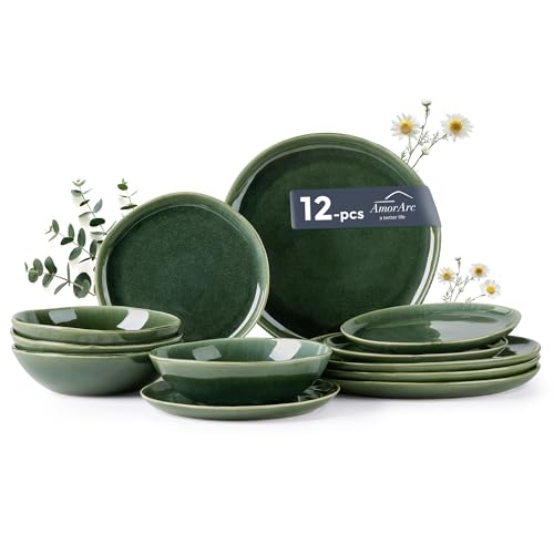 Image of AmorArc Ceramic Dinnerware Sets,Handmade Reactive Glaze Stoneware Plates and Bowls Set,Highly Chip and Crack Resistant | Dishwasher & Microwave Safe Dishes Set,Service for 4 (12pc)