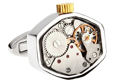 MRCUFF Watch Movement Steampunk Cufflinks with a Presentation Gift Box & Polishing Cloth (2 Tone Hexagon Movement)
