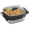 West Bend 11x11 Electric Skillet with Diamond Shield Ceramic Nonstick, Removable Foldable Base, Tempered Glass Lid with Vent, Adjustable Thermostat, Cool Touch Handles, 4.2-Qt, Black/Stainless Steel