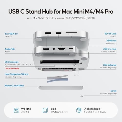 Image of Mac mini M4 Dock with 8TB M.2 SSD Enclosure (SSD NOT Included), Mac mini M4 / M4 Pro Hub Stand with HDMI 4K@60Hz, 2024 MacMini USB C Hub Accessories, 3 USB A, SD /TF, 3.5mm Audio