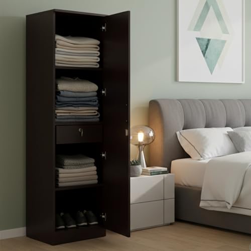 Image of AAVATAR Single Door Wooden Cupboard for Home | Wenge Finish Engineered Wood Almirah with Lock & Handle | Storage Shelves & Drawer | Size 72x16x16 Inch