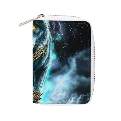 Fashion Small Zipper Wallet for Men Women, Pu Leather Credit Card Holder Bags Cool Lightnings Cyan Wolf Slim Purse with 20 Slots