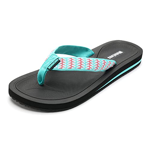 WateLves Flip Flops Damen Badelatschen Zehentrenner Badesandalen Bequeme Strand Dusch Rutschfest Hausschuhe Mit Arch Support Yoga Matte Fußbett Sandalen(Rot grün,39 EU) Cover