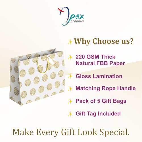 Image of Floral Gift Bags Large size - Paper Bags for Gifting - Return Gift Bags for Birthday Kids Party Wedding Christmas - Golden Pack of 5, 14 L x10.5 H x4 W inch