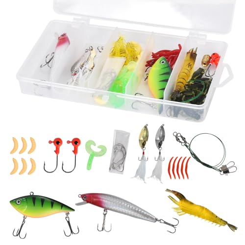 72 Piezas de señuelos de Pesca Mixtos, Kit de Inicio de Aparejos de Pesca, Incluye cucharillas, Cebo de Pesca Realista, Cebo Blando, anzuelos Individuales, con Caja de Almacenamiento