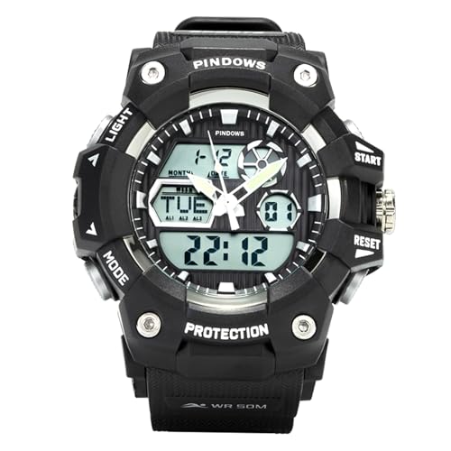 PINDOWS Relojes para Hombre, Reloj Deportivo de Pulsera Analógico y Digital de Cuarzo para Hombre, Cronógrafo, Acero Inoxidable, Resistente al Agua,Black Silver