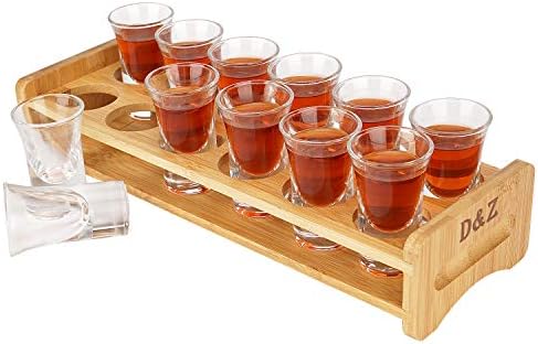 D&Z Shot Glass Holder Set with 12 Thick Base Crystal Clear Shot Glasses, Bamboo Wooden Shot Rack/Tray for Tequila Whiskey Vodka Cocktail, Ideal Liquor Set for Party, Bar, Nightclub [ 1 oz Each Glass ]