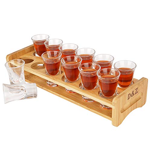 D&Z Shot Glass Holder Set With 12 Thick Base Crystal Clear Shot Glasses, Bamboo Wooden Shot Rack/Tray For Tequila Whiskey Vodka Cocktail, Ideal Liquor Set For Party, Bar, Nightclub [ 1 Oz Each Glass ] #TOP3