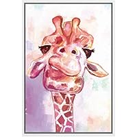 SIGNWIN Framed Canvas Wall Art Cute Nursery Baby Giraffe in Purple and Pink Animals Wildlife Oil Painting Modern Art Portrait Fun Pastel for Living Room, Bedroom, Office - 16