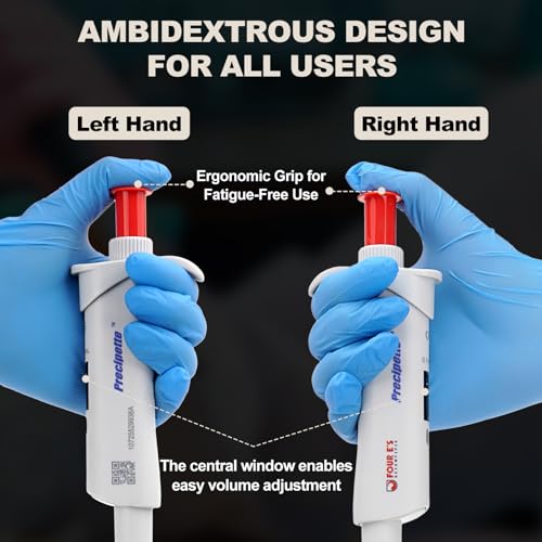 Image of 4E's USA Lab 100-1000μL Pipette: Single-Channel Adjustable Micropipette 0.1-1mL with Color-Coded Top (Red), 4 Digit Display, Universal Tip Cone, ISO 8655 Calibrated & Lower Part Autoclavable