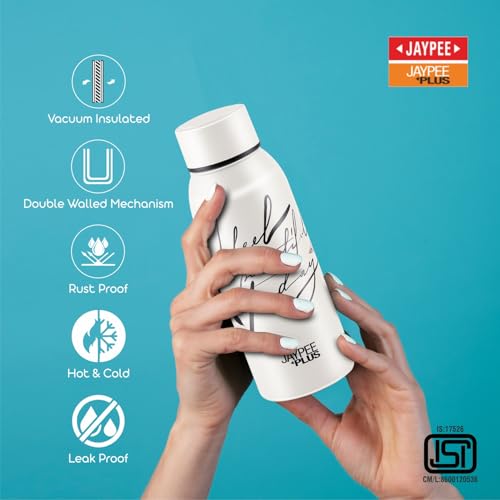 Image of Jaypee Plus Punch Prime Stainless Steel Printed Vacuum Insulated Water Bottle 500 ml | ISI Certified Rustproof & Leakproof Flask with 24Hrs Hot & Cold Ideal for School Kids, Office & Travel - (White)