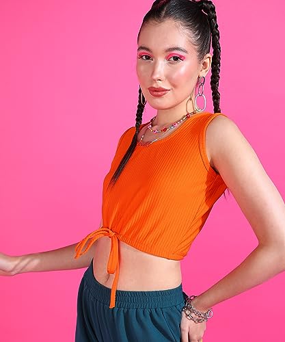 Image of POPWINGS Casual Solid Ribbed Crop Top for Women || Sleeveless Crop Top for Women || V-Neck Crop Top for Women || Women Crop Top for Summer