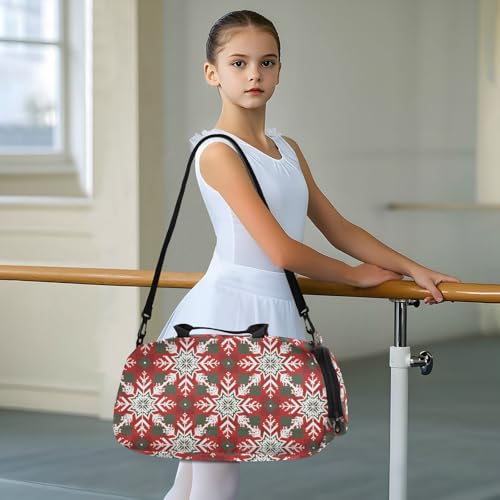 Duffle Bag for Boys or Girls with Shoes Compartment, Pattern Red Christmas Tile Snowflake Sports Travel Bag Overnight3