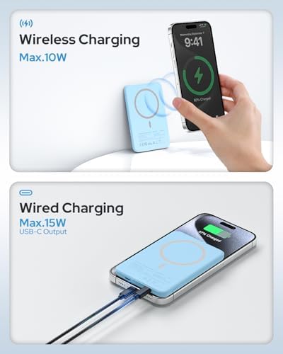 for Magsafe Portable Charger, 5000mAh for Magsafe Power Bank with USB C | Camping Essential for Magnetic Battery Pack for iPhone 17/16/15/14/13/12 All Series (Sky Blue)