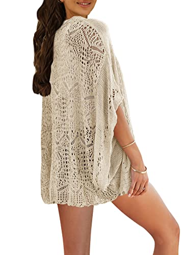 Image of Ermonn Crochet Cardigan Sweaters for Women Open Front Kimono Batwing Sleeve Plain Casual Lightweight Outerwear