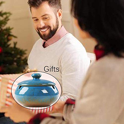 2 Pack Cigarettes Ashtrays With Lid Windproof For Indoor Outdoor, Ceramic Ashtray Built In 3 Cigar Holders,Smoking Ash Tray Decor Home, Desktop, Office,Table, Patio, Bar, Ktv, Father/Men/Smokers Gifts #TOP3