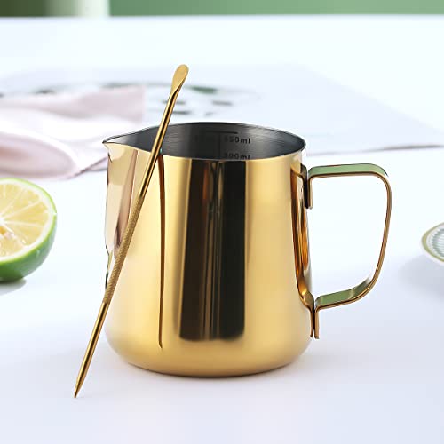 Milk Frothing Pitcher 12oz - 350ml, Kyraton Stainless Steel Espresso Steaming Pitchers with Decorating Pen,Milk Coffee Frother Cups Cappuccino Latte Art Barista Steam Pitchers Milk Jug Cup (Gold) - Thumbnail 3