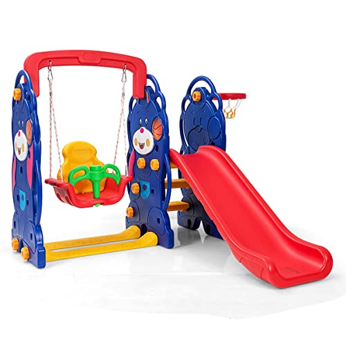 HOMGX 4 in 1 Kids Slide Swing Set, Toddler Climber Slide Swing Playset w/Basketball Hoop, Children Backyard Playground Game Set w/Climb Stairs, Indoor Outdoor Long Slide Playset Boy & Girl (QC-05007)