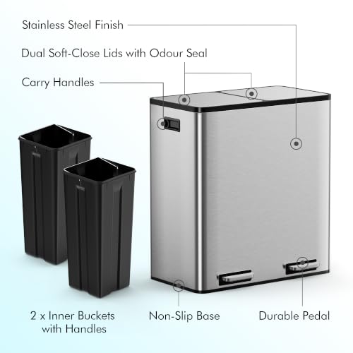 Image of VonHaus Double Recycling Bin 60L for Kitchen - Stainless Steel Recycling Bin with Two Compartments - 2 x 30L Removeable Inner Bins Dual Waste Bin with Pedal Feet - Dual Recycling Bin for Kitchen