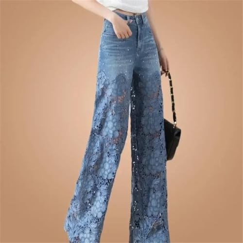 Women Elegant Jeans High Waist Lace Patchwork Pantalones Hollow Out Oversized Casual Loose Pants2