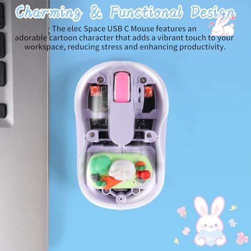 Image of elec Space Cute Wireless USB C Mouse - Bluetooth Triple Mode Rechargeable Cartoon Mouse for Laptops, iPads & MacBook Air /Pro - Silent Operation, Portable Design, Unique Magnetic Character (Purple)