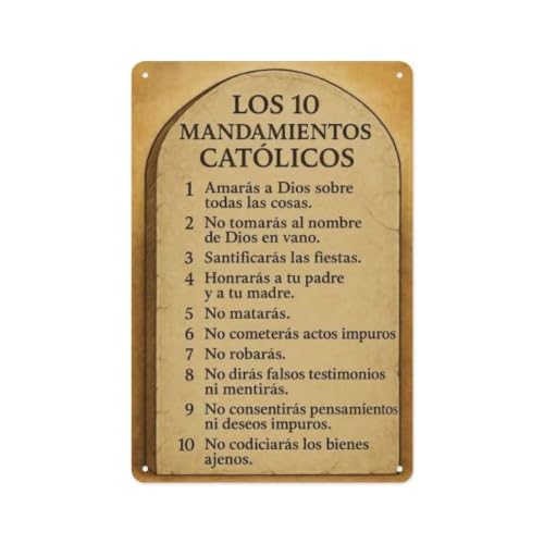 Ten Commandments Spanish Metal Sign 12x8 Inch | Quick Catholic reference board for chapel corner prayer nook and faith class wal
