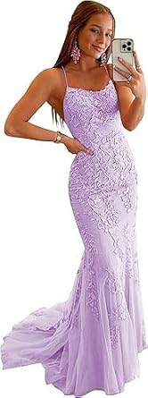 GREOENEL Amor Womens Long Lace Prom Dresses Mermaid Spaghetti Straps Backless Formal Evening Gowns -15