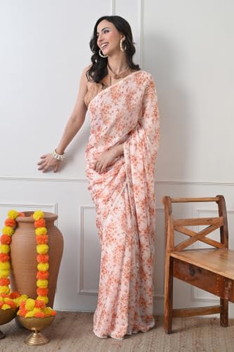 Image of MIRCHI FASHION Saree for Woman Georgette Floral and Leaf Printed | Elegant Farewell and Ceremonial Women's Sari with Blouse Piece