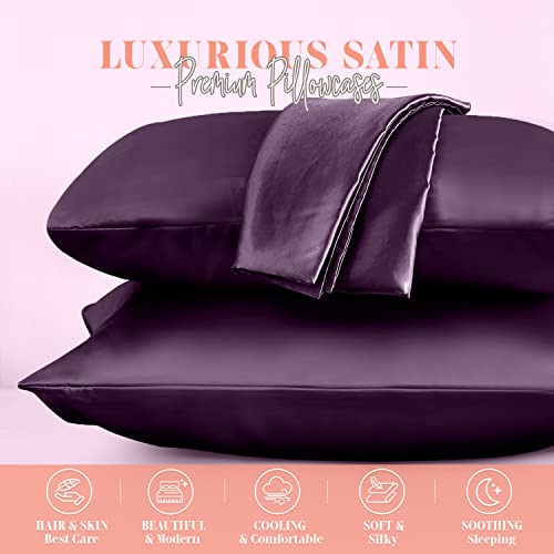 Elegant Comfort Silky And Luxurious 2-Piece Satin Pillowcase Set For Healthier Skin And Hair, Hidden Zipper Closure And Beautifully Packaged, Satin Pillowcase Set, Standard/Queen, Purple #TOP1