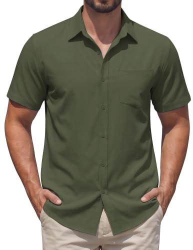 COOFANDY Mens Short Sleeve Wrinkle Free Button Down Shirts Summer Untucked Dress Shirts for Wedding with Pocket Army Green